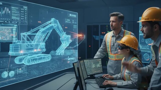 Medium shot of technicians analyzing a digital twin model to enhance machinery performance and reduce downtime in mining operations.