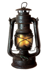 Old rusty kerosene lantern with warm light. Isolated on transparent background. Vintage metal oil lamp, antique object for design or restoration concept.