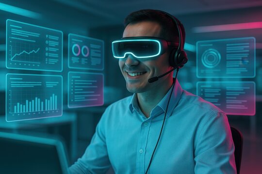 Futuristic support pro wearing luminous AR headset in sleek control hub with holograms