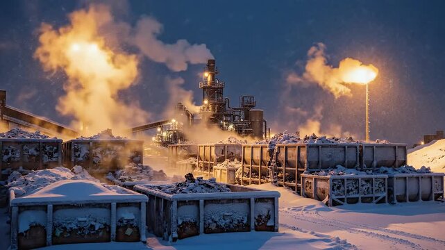 Industrial Oil Refinery Operating at Night in Heavy Snowfall with Flare and Emitting Steam