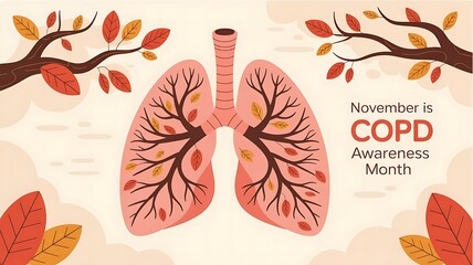 Illustration of human lungs with autumn leaves symbolizing copd awareness month and respiratory health during the fall season