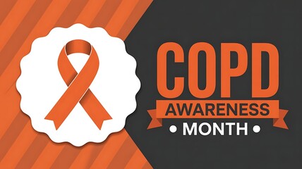 Orange ribbon for copd awareness month with bold text and textured background promoting respiratory health and lung disease support