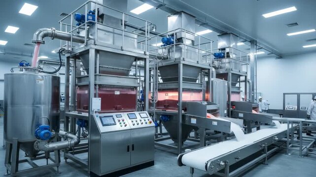 Medium shot of industrial potash recycling equipment efficiently processing and recovering materials to minimize waste in a controlled environment.
