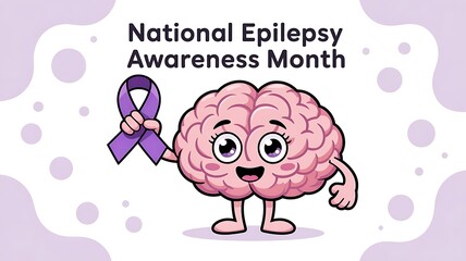 Cute cartoon brain character holding a purple ribbon for national epilepsy awareness month illustration