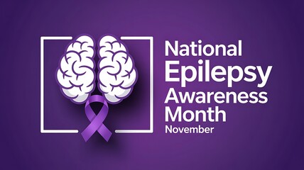 National epilepsy awareness month november graphic featuring a stylized brain with a purple awareness ribbon and text