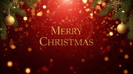 Elegant merry christmas background with golden ornaments and bokeh lights for festive holiday season celebration and greeting card