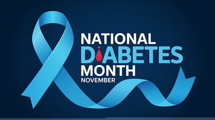 National diabetes month november awareness campaign featuring a blue ribbon symbol and text against a dark blue background