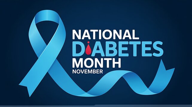 National diabetes month november awareness campaign featuring a blue ribbon symbol and text against a dark blue background