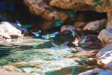 canyon riverbed where dragonflies dance over the water, their iridescent wings flashing in the sun