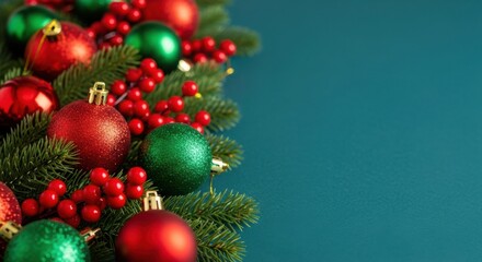 Festive christmas decorations with colorful baubles and green fir