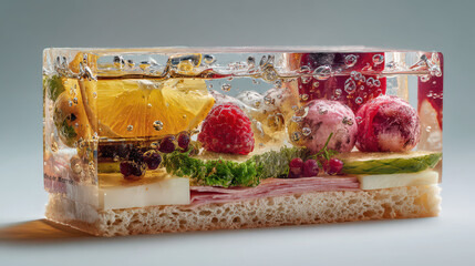 deconstructed sandwich with suspended ingredients in clear block