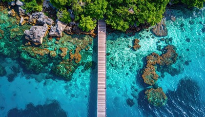 Wooden Boardwalk Pathway Leading Across Vibrant Turquoise Ocean Water With Rocky Shoreline And Lush Green Vegetation Aerial View
