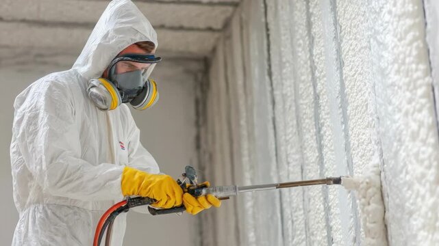 Professional in safety suit using vacuum tools to capture asbestos fibers from interior wall cavities in controlled environment