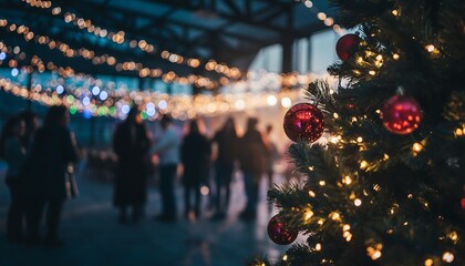 Blurred silhouettes of people walking past a decorated christmas tree with festive string lights in the background at night