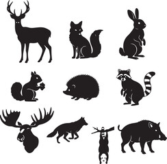 Collection of Black Silhouette Wild Forest Animals A Diverse Set of Mammal Icons Including Deer, Fox, Rabbit, Moose, Raccoon, and Wild Boar
