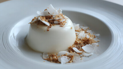 monochrome white panna cotta dessert with chocolate and coconut