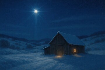 Guiding star shines over peaceful snowy hillside and humble barn in silent night