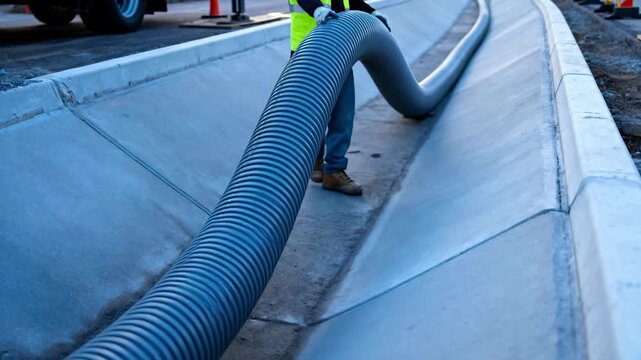 Medium shot capturing the placement of flexible plastic culvert pipes in a prepared drainage channel highlighting smooth handling and alignment.