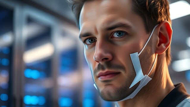 A technical specialist focuses intently with soft blue server room lighting.