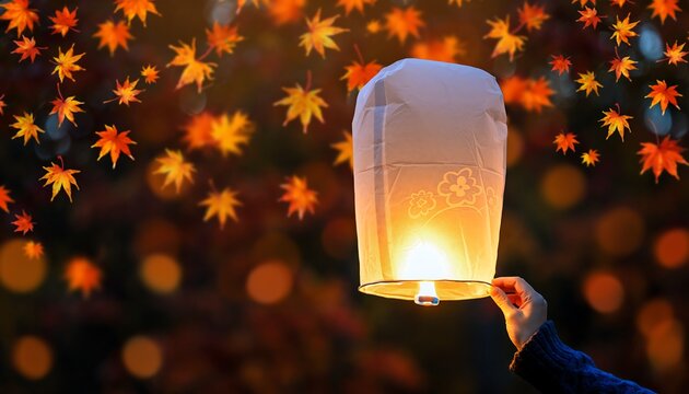 A hand holds a glowing sky lantern aloft against a backdrop of blurred autumn leaves and bokeh lights at dusk