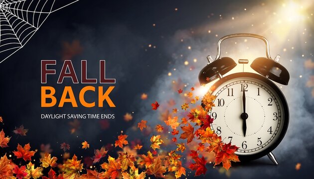 Fall back clock with autumn leaves and spiderweb signaling daylight saving time ending and seasonal change