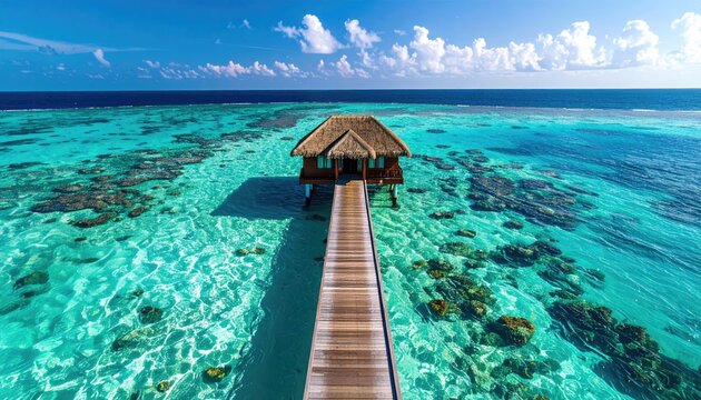 Wooden Pier Leading To An Overwater Bungalow Amidst Turquoise Crystal Clear Waters And Coral Reefs Under Bright Sunlight - Powered by Adobe