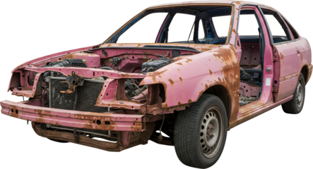 Rusty Pink Sedan Car Missing Doors And Hood With Exposed Engine Components And Interior On A Transparent Background Automobile Vehicle Old Broken Junk