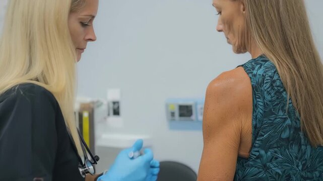 Healthcare professional administering a vaccine to an adult in a clinical setting emphasizing immunization for disease prevention.