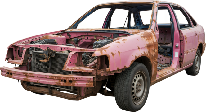 Rusty Pink Sedan Car Missing Doors And Hood With Exposed Engine Components And Interior On A Transparent Background Automobile Vehicle Old Broken Junk