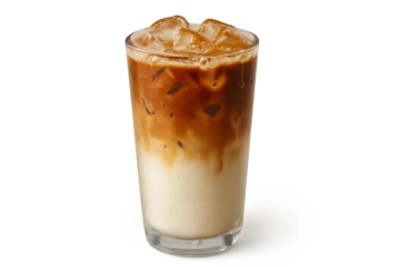 Iced caramel macchiato in tall clear glass with swirls and cubes isolated on transparent