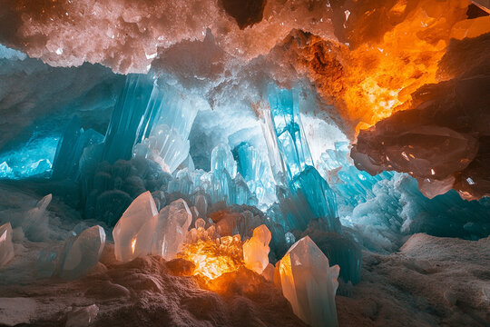 cavern filled with shimmering, multicolored mineral deposits, resembling an otherworldly crystalline palace