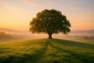 Obraz premium Lone oak on rolling green meadow at sunrise with misty hills and golden sky