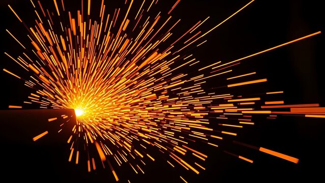 Bright orange sparks fly dynamically against a dark backdrop, evoking industrial metalwork energy.