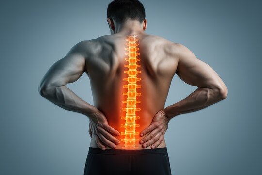 Male figure holding lower back highlighting lumbar spine pain with medical overlay - Powered by Adobe