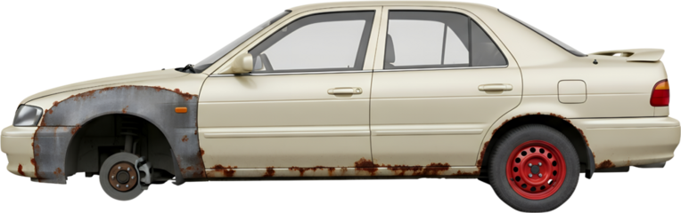 A tan sedan car displays significant rust damage on its lower body panels and front fender rusty vehicle transport automobile corrosion old metal