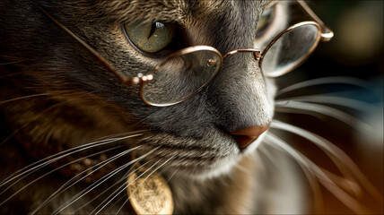 Naklejka premium A contemplative feline scholar, adorned with spectacles, lost in deep thought or perhaps plotting a mischievous adventure.