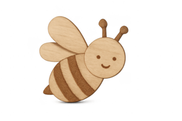 Cute wooden bee craft with smiling face on transparent background