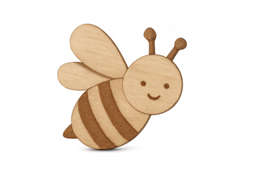 Cute wooden bee craft with smiling face on transparent background
