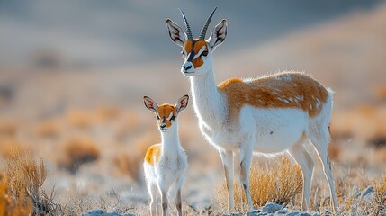 A female and young Arabian gazelle stand in a desert landscape.