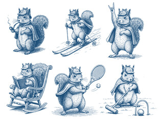Retro Squirrel Detective Illustrations Set