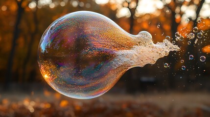 Giant soap bubble bursting in autumn sunlight.