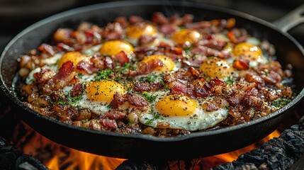 Campfire skillet breakfast with fried eggs, bacon, and onions.