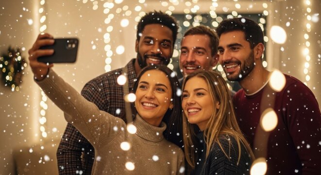 Friends taking a selfie during a festive winter celebration