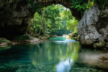 A vibrant jungle river flowing beneath a limestone arch