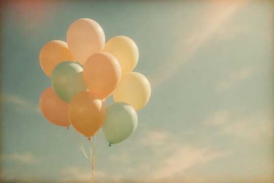 Pastel multicolor balloons floating against sunlit sky with soft retro film tones