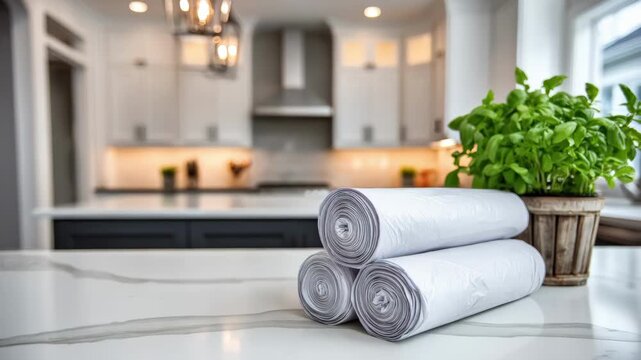 Medium shot of biodegradable trash bags made from cornstarch showcasing ecoconscious waste disposal in a clean modern kitchen setting.