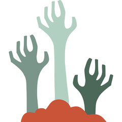 Three zombie hands rising from a mound of dirt with a white background and a pale green and gray color scheme evoking a sense of horror and the supernatural
