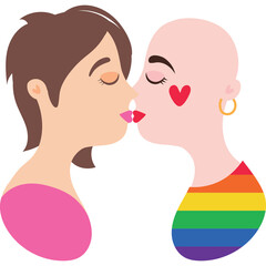 Two women embracing with eyes closed and lips touching depicting love and equality with one woman wearing a rainbow striped shirt and a heart sticker on her cheek.