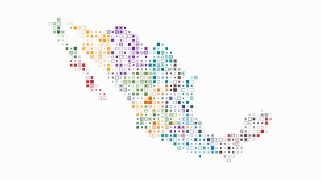 Mexico animated country shape. Pulsating colored dots on the map of the country. Small size square blocks. Digital style Mexico map on white background. Amazing animation video.