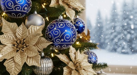 Decorated christmas tree with ornaments and snowy window
